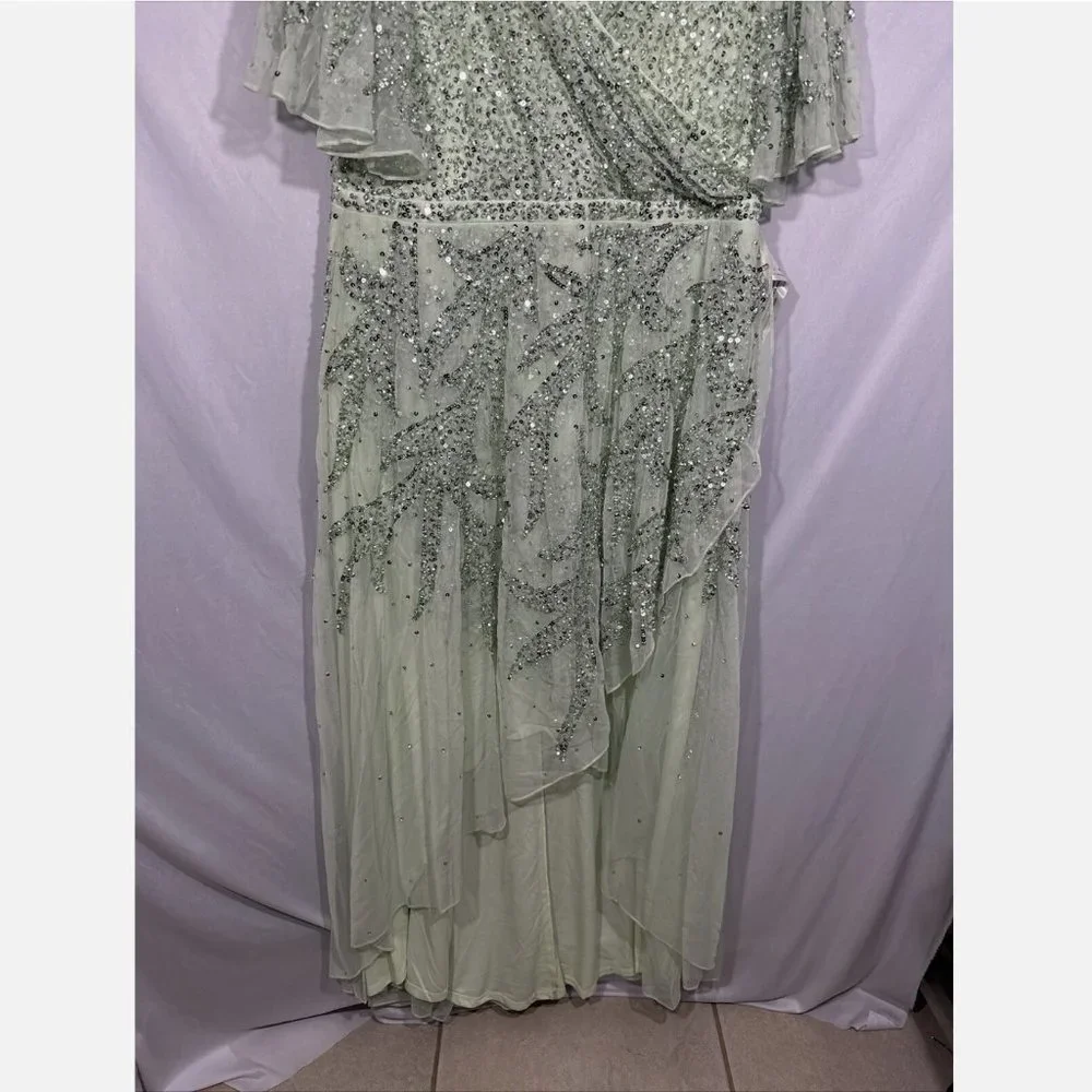 NWT $498 Mac Duggal [‎ 18 ] Sequined Butterfly Sleeve High Low Gown Sage Greeen